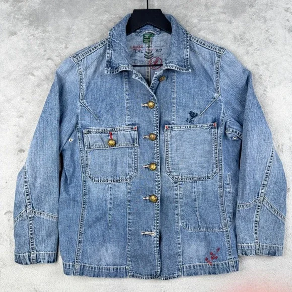 Lauren Ralph Lauren LRL Denim Chore Jacket Womens S Pockets Embellished Buttons - Picture 2 of 16